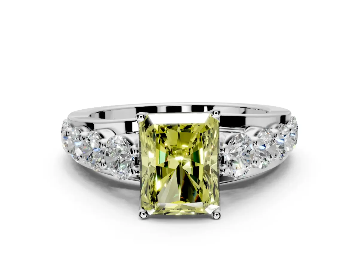 Solitaire Engagement Ring Setting for Fancy Yellow Radiant Cut Center with Graduated Shared Prongs and Prong Head in Platinum