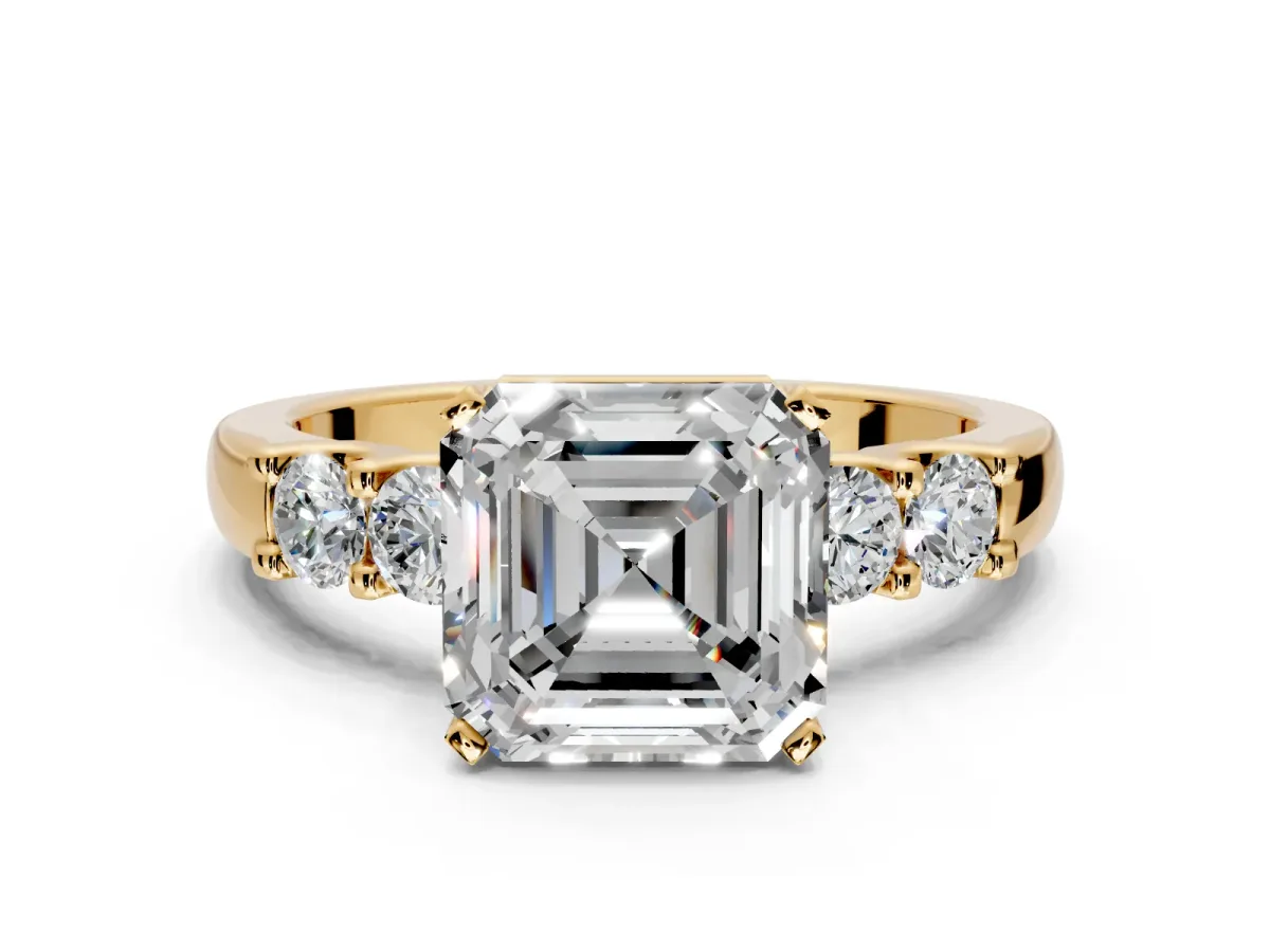 5 Stone Engagement Ring Setting for Asscher Cut Center with Plain Band and Prong Head in Yellow Gold