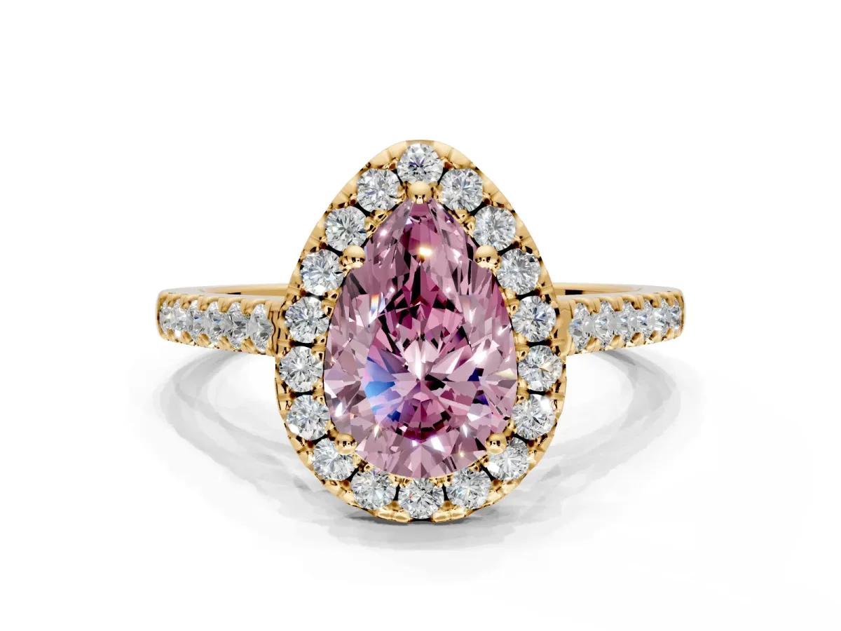 Halo Engagement Ring Setting for Fancy Pink Pear-Shaped Center with Narrowing Pave Band and Prong Head in Yellow Gold