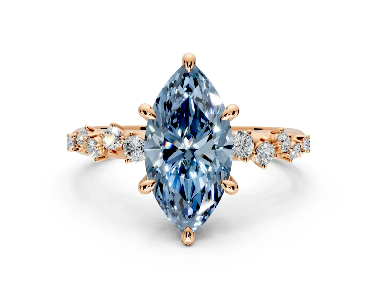 Solitaire Engagement Ring Setting for Fancy Blue Marquise Center with Trailing Leaf Accent Band and Prong Head in Rose Gold