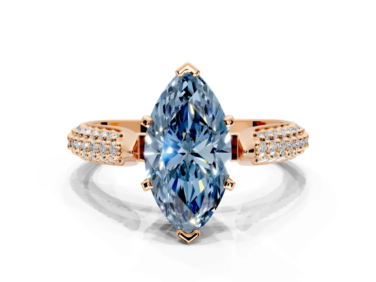 Solitaire Engagement Ring Setting for Fancy Blue Marquise Center with Multi-Row Accents and Prong Head in Rose Gold