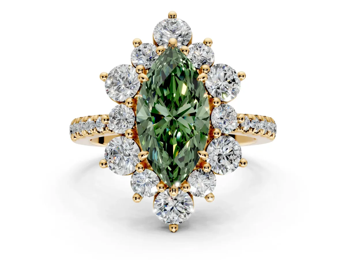 Floral Halo Engagement Ring Setting for Fancy Green Marquise Center with Pave Accents and Prong Head in Yellow Gold