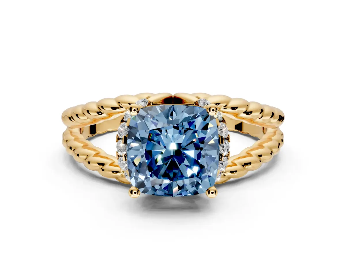 Halo Engagement Ring Setting for Fancy Blue Cushion Cut Center with Rope Twist Split Shank and Prong Head in Yellow Gold