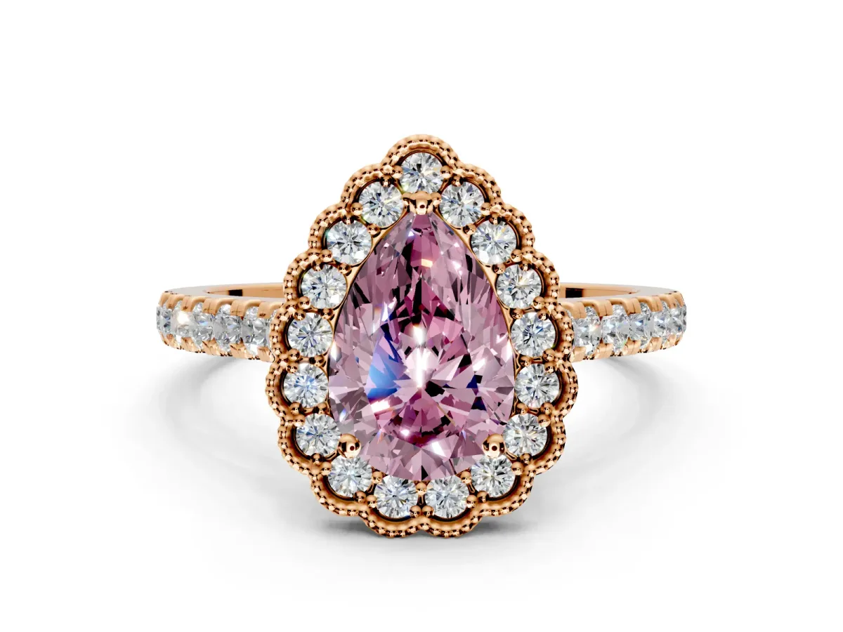 Milgrain Floral Halo Engagement Ring Setting for Fancy Pink Pear-Shaped Center with Pave Band and Prong Head in Rose Gold