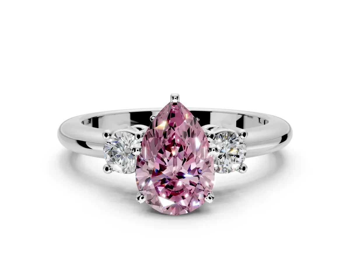 3 Stone Engagement Ring Setting for Fancy Pink Pear-Shaped Center with Wide Plain Band and Prong Head in Sterling Silver