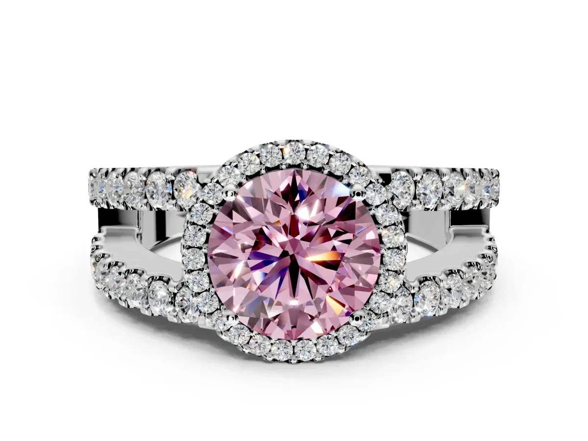 Halo Engagement Ring Setting for Fancy Pink Round Cut Center with Wide-Open Pave Split Shank and Prong Head in Platinum