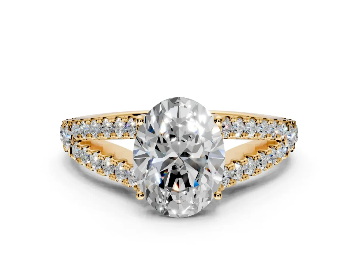 Solitaire Engagement Ring Setting for Oval Center with Pave Split Shank and Prong Head in Yellow Gold
