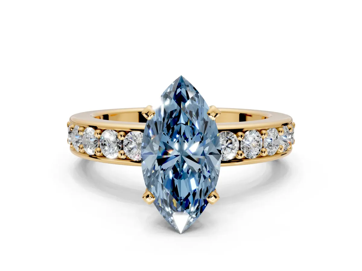 Solitaire Engagement Ring Setting for Fancy Blue Marquise Center with Channel-Set Accents and Prong Head in Yellow Gold