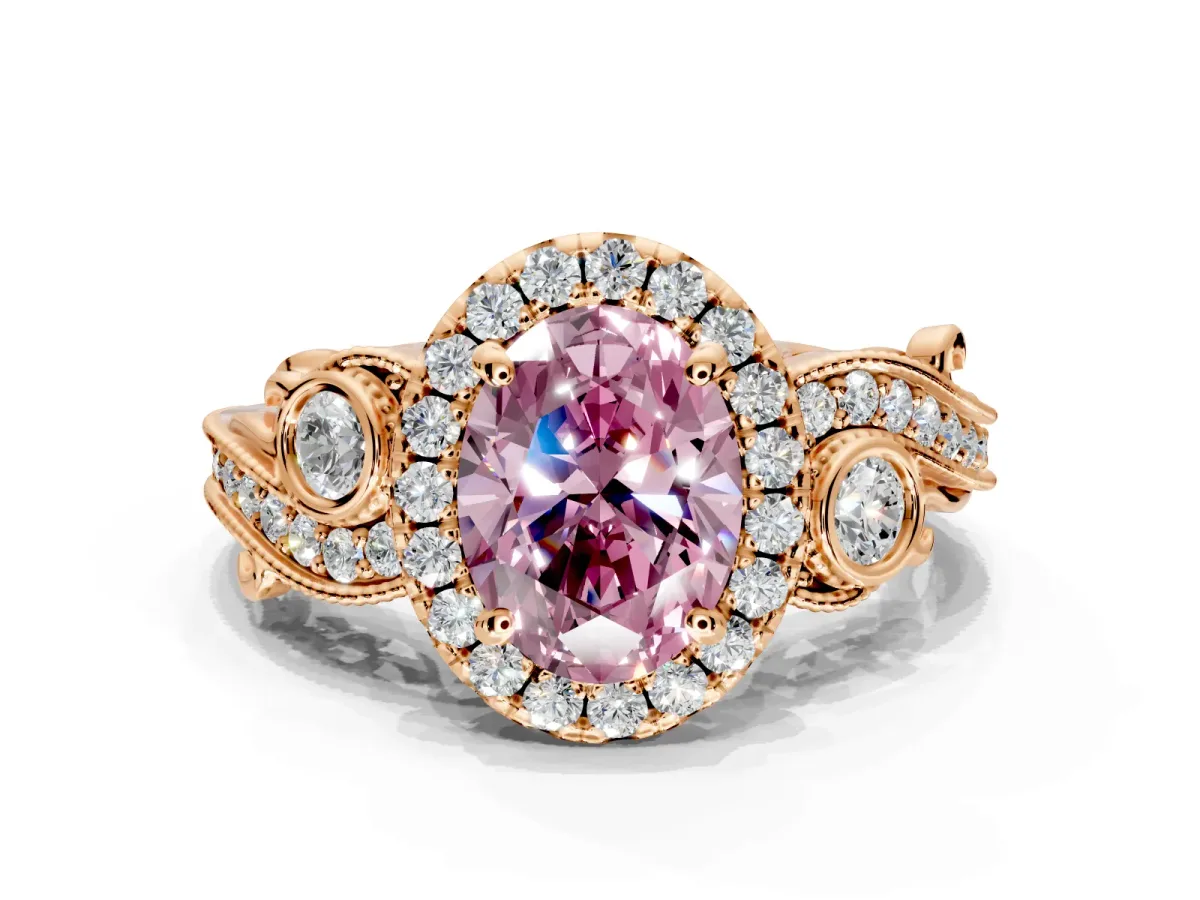Milgrain Halo Engagement Ring Setting for Fancy Pink Oval Center with Shoulder Bezels and Prong Head in Rose Gold