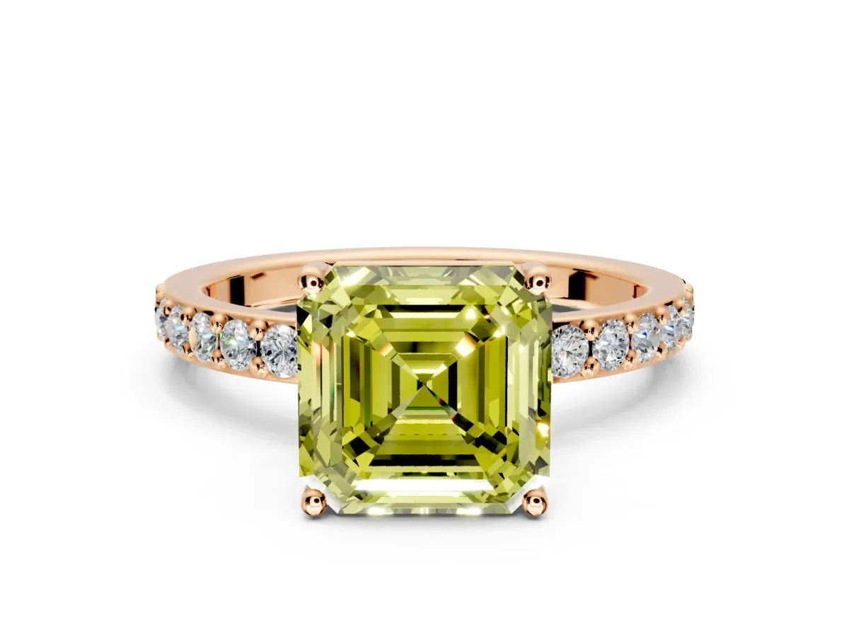 Solitaire Engagement Ring Setting for Fancy Yellow Asscher Cut Center with Round Cut Pave Band and Prong Head in Rose Gold