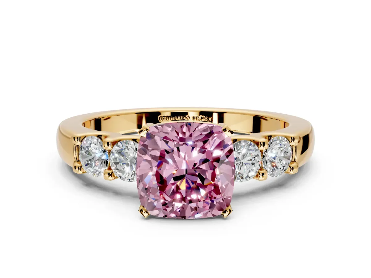 5 Stone Engagement Ring Setting for Fancy Pink Cushion Cut Center with Plain Band and Prong Head in Yellow Gold