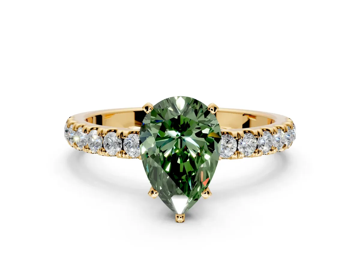 Open Basket Engagement Ring Setting for Fancy Green Pear-Shaped Center with Pave Band and Prong Head in Yellow Gold