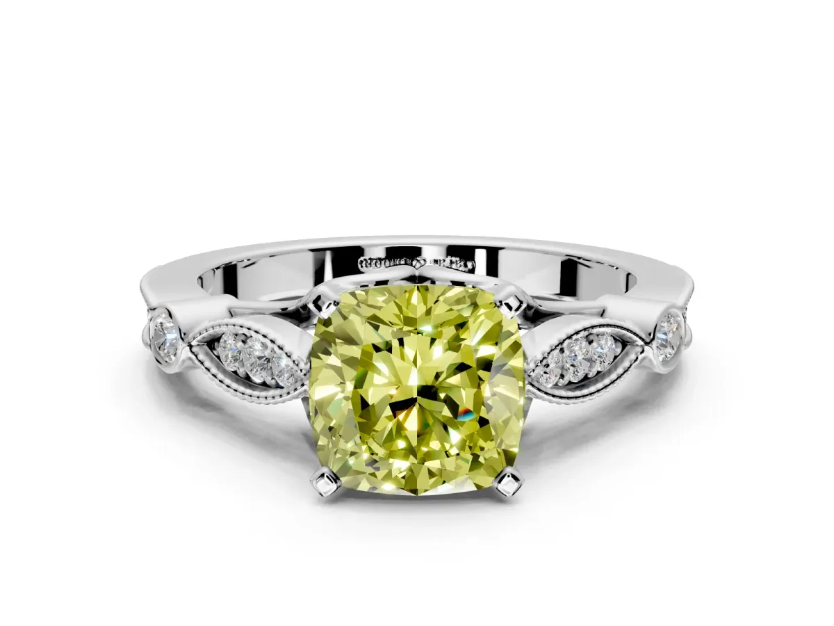 Solitaire Engagement Ring Setting for Fancy Yellow Cushion Cut Center with Marquise and Bezel Accents and Prong Head in Sterling Silver