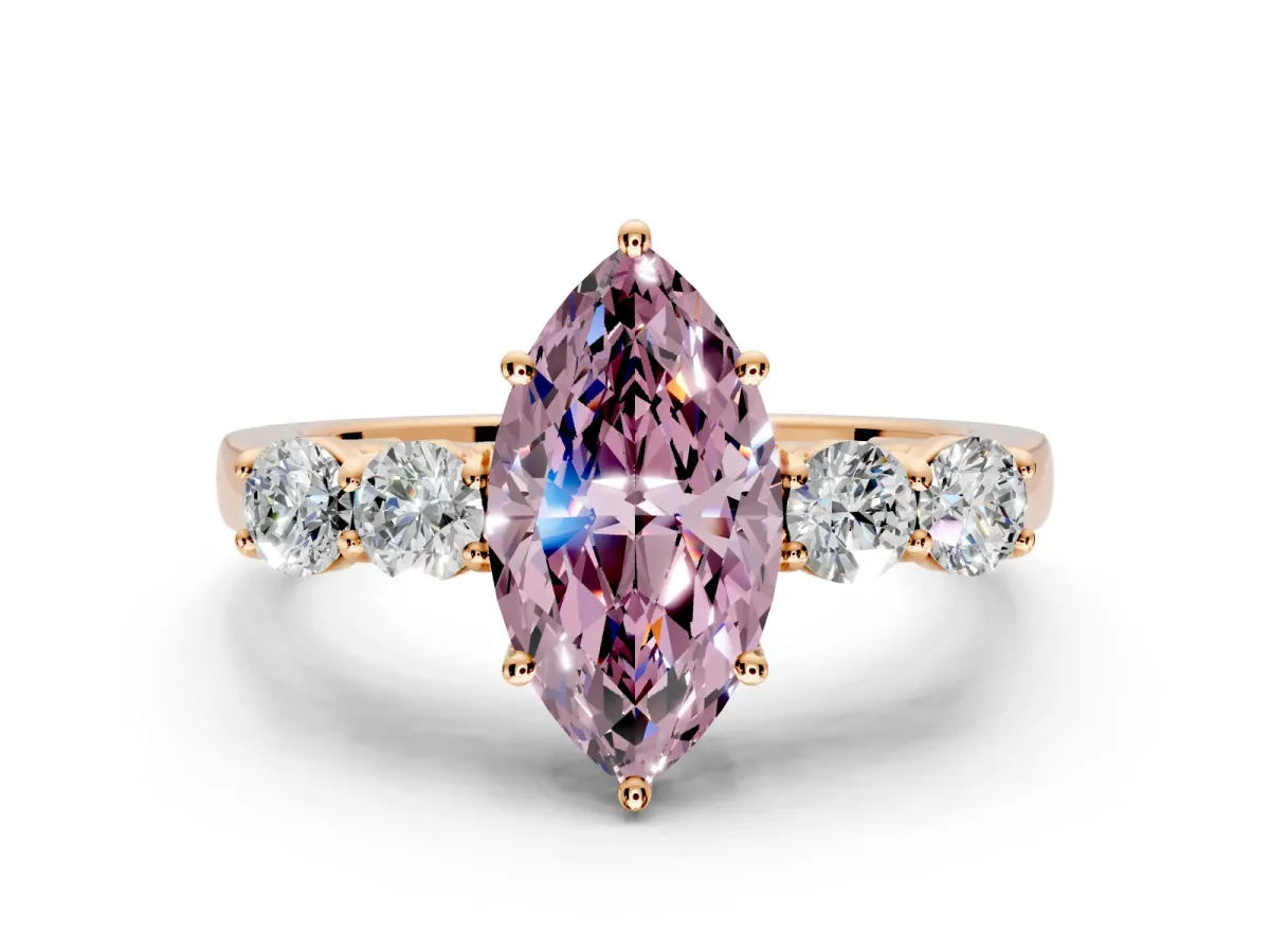 5 Stone Engagement Ring Setting for Fancy Pink Marquise Center with Equal Close-Set Accents and Prong Head in Rose Gold