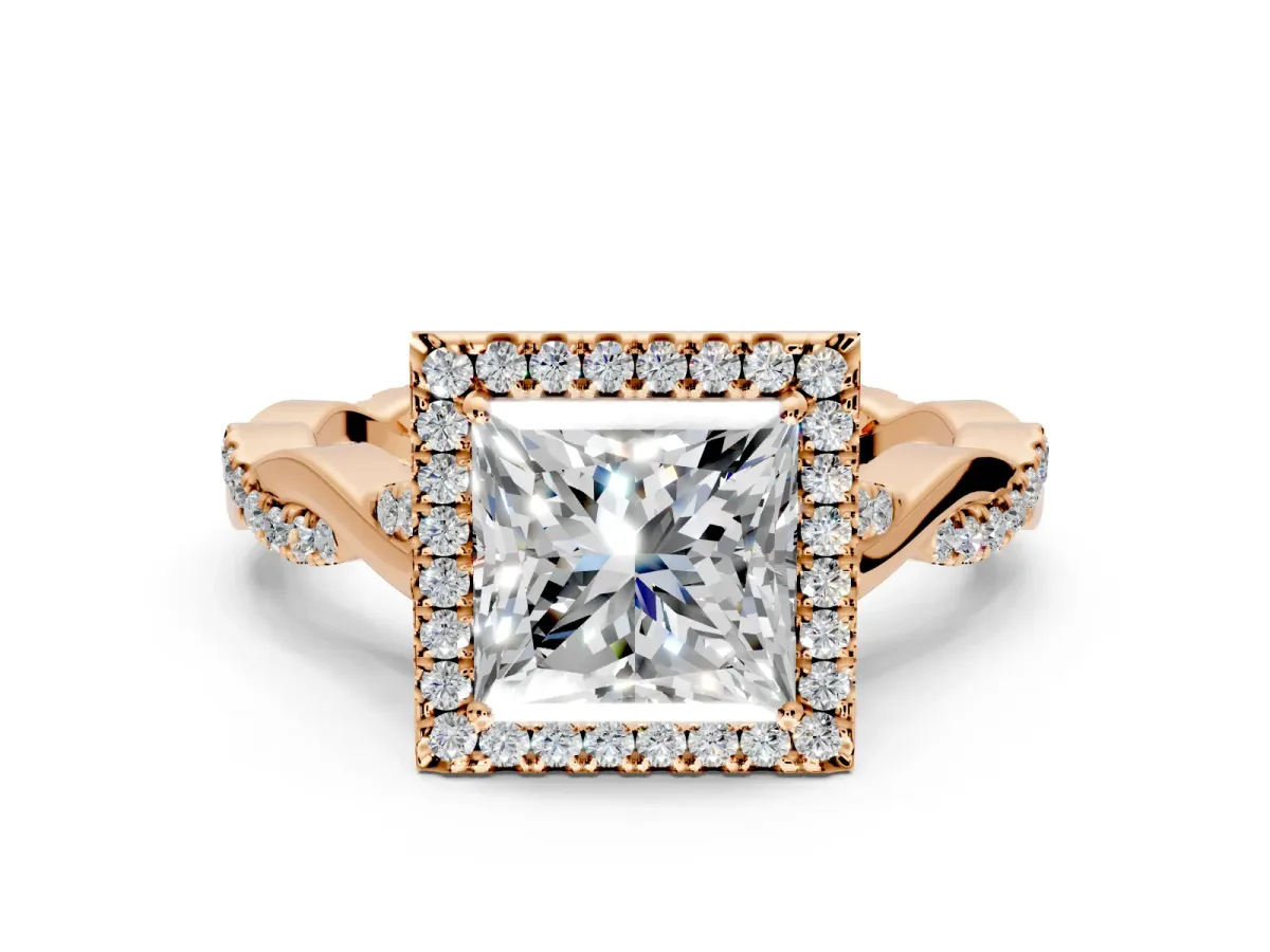 Halo Engagement Ring Setting for Princess Cut Center with Twist Band and Prong Head in Rose Gold