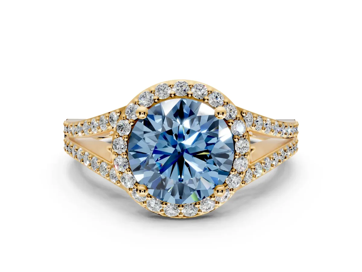 Halo Engagement Ring Setting for Fancy Blue Round Cut Center with Pave Split Shank and Prong Head in Yellow Gold