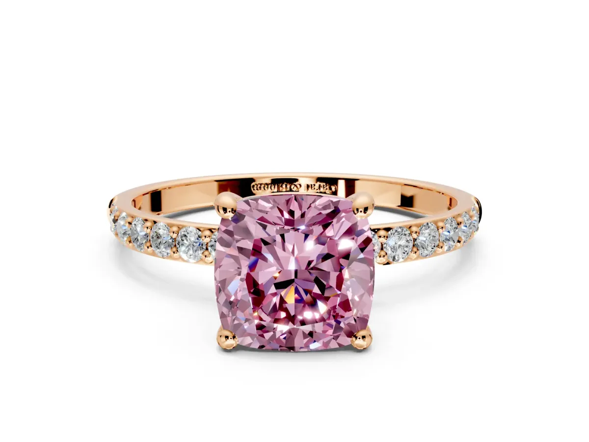 Solitaire Engagement Ring Setting for Fancy Pink Cushion Cut Center with Pave Accents and Prong Head in Rose Gold