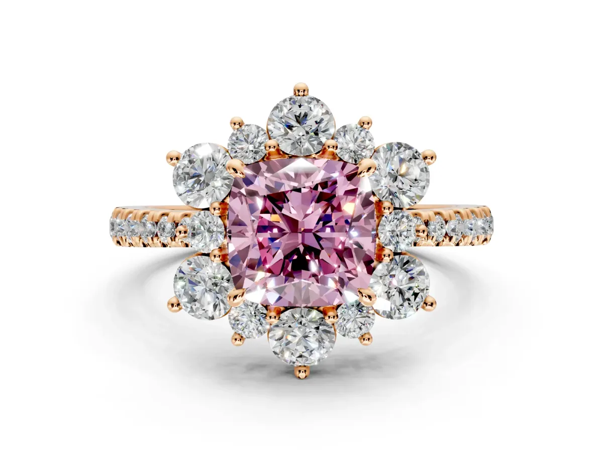 Floral Halo Engagement Ring Setting for Fancy Pink Cushion Cut Center with Pave Accents and Prong Head in Rose Gold