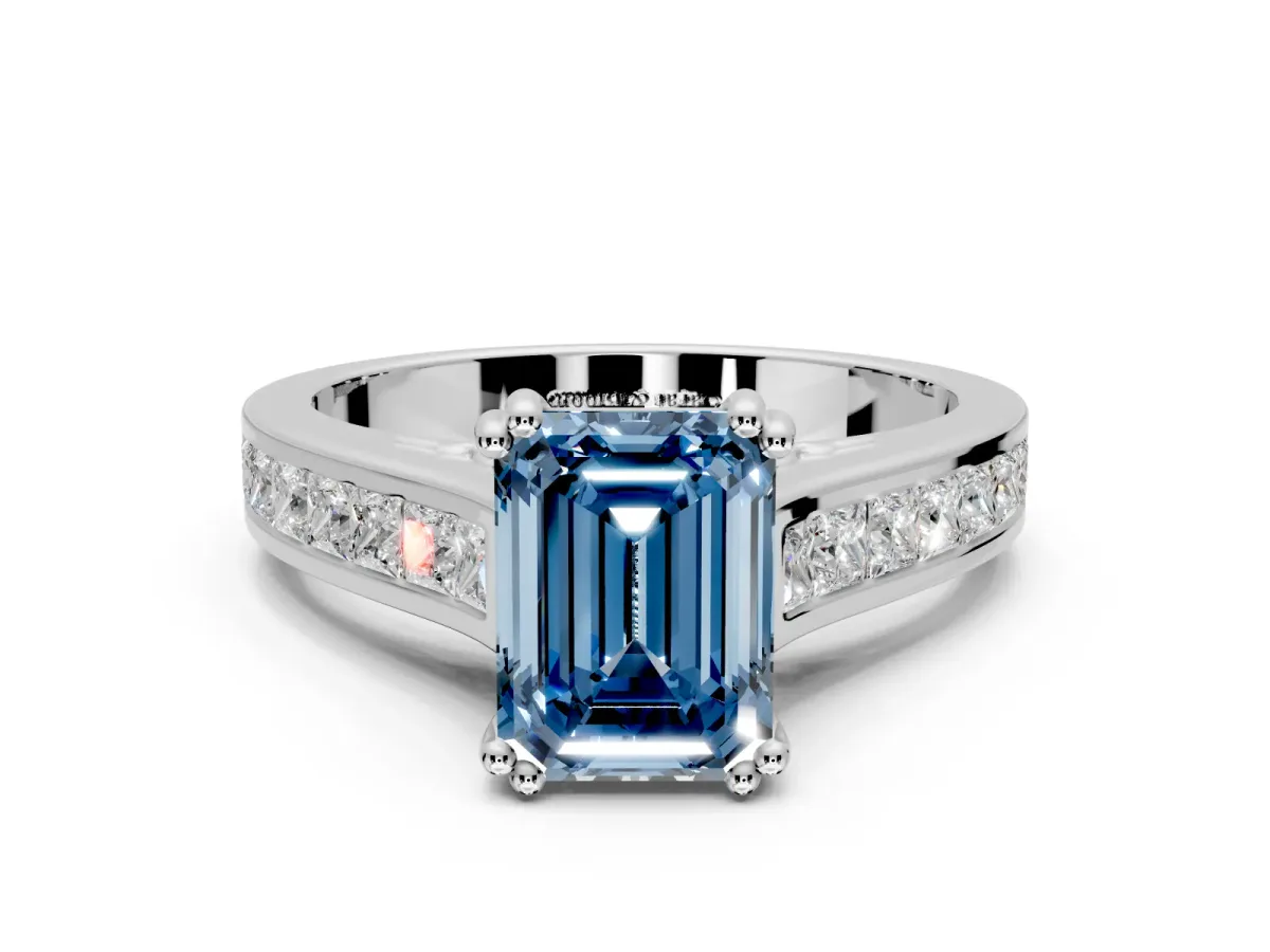 Solitaire Engagement Ring Setting for Fancy Blue Emerald Cut Center with Channel Band and Double Claw Prong Head in Sterling Silver