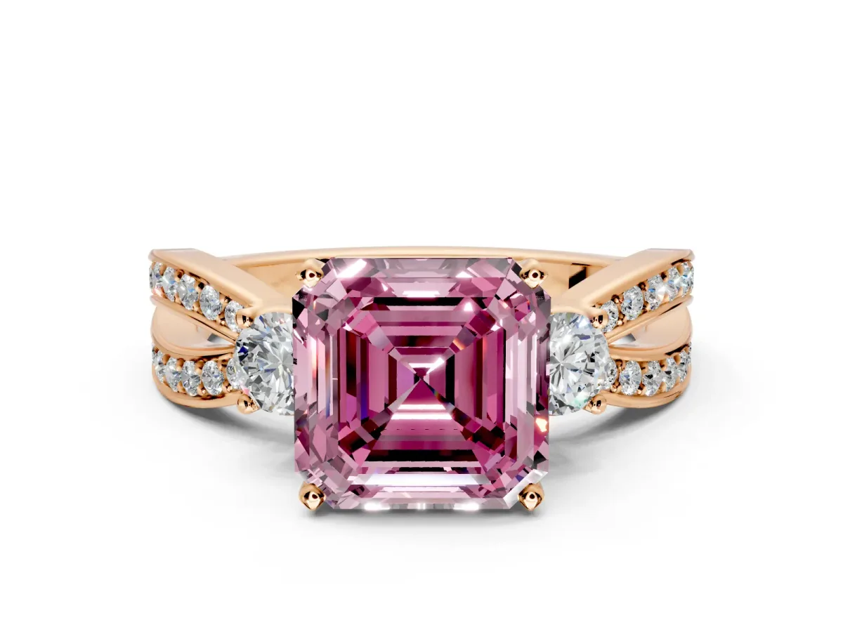 3 Stone Engagement Ring Setting for Fancy Pink Asscher Cut Center with Pave Twist Band and Prong Head in Rose Gold