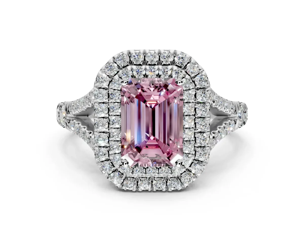 Double Halo Engagement Ring Setting for Fancy Pink Emerald Cut Center with Narrow Pave Split Shank and Prong Head in Platinum