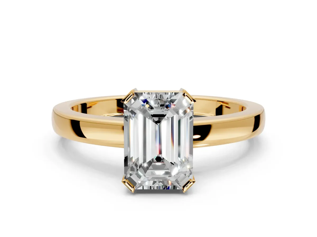 Solitaire Engagement Ring Setting for Emerald Cut Center with Plain Band and Flat Tab Prong Head in Yellow Gold