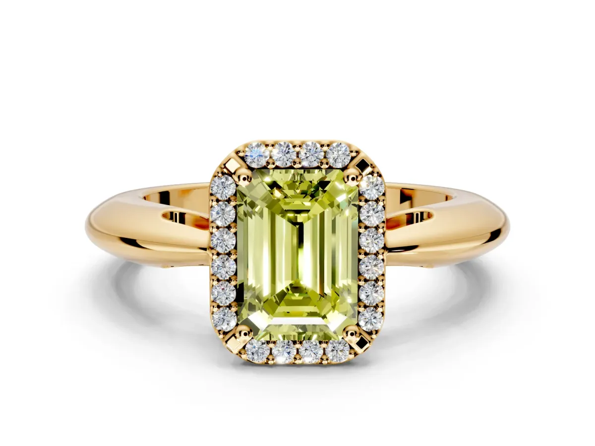 Halo Engagement Ring Setting for Fancy Yellow Emerald Cut Center with Tapered Plain Band and Prong Head in Yellow Gold