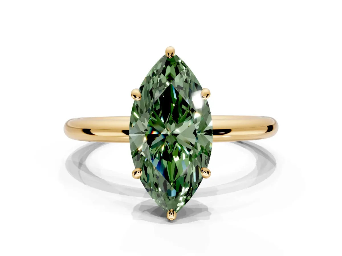 Low-Set Solitaire Engagement Ring Setting for Fancy Green Marquise Center with Thin Plain Band and Prong Head in Yellow Gold
