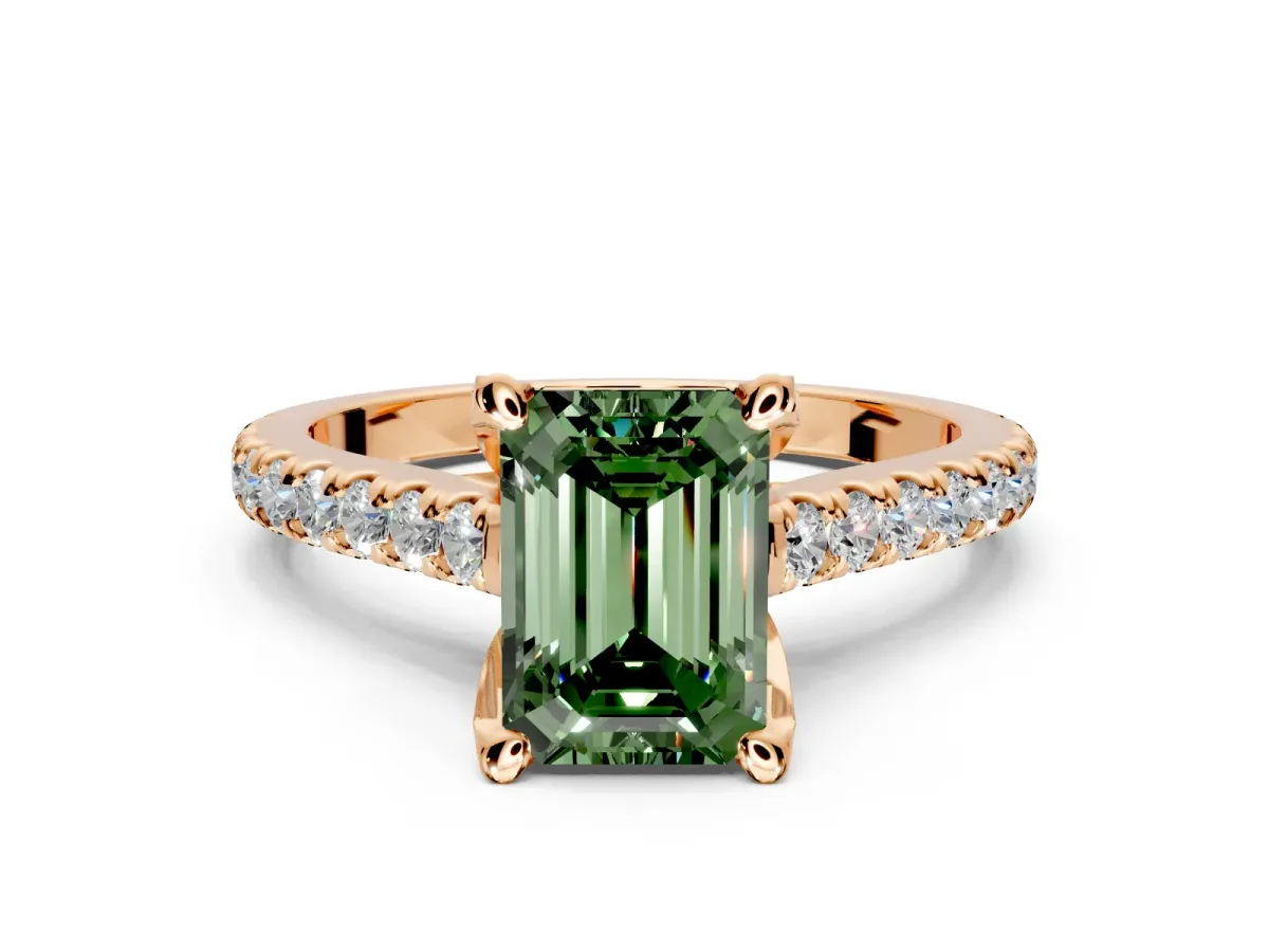 Solitaire Engagement Ring Setting for Fancy Green Emerald Cut Center with Widening Pave Band and Claw Prong Head in Rose Gold