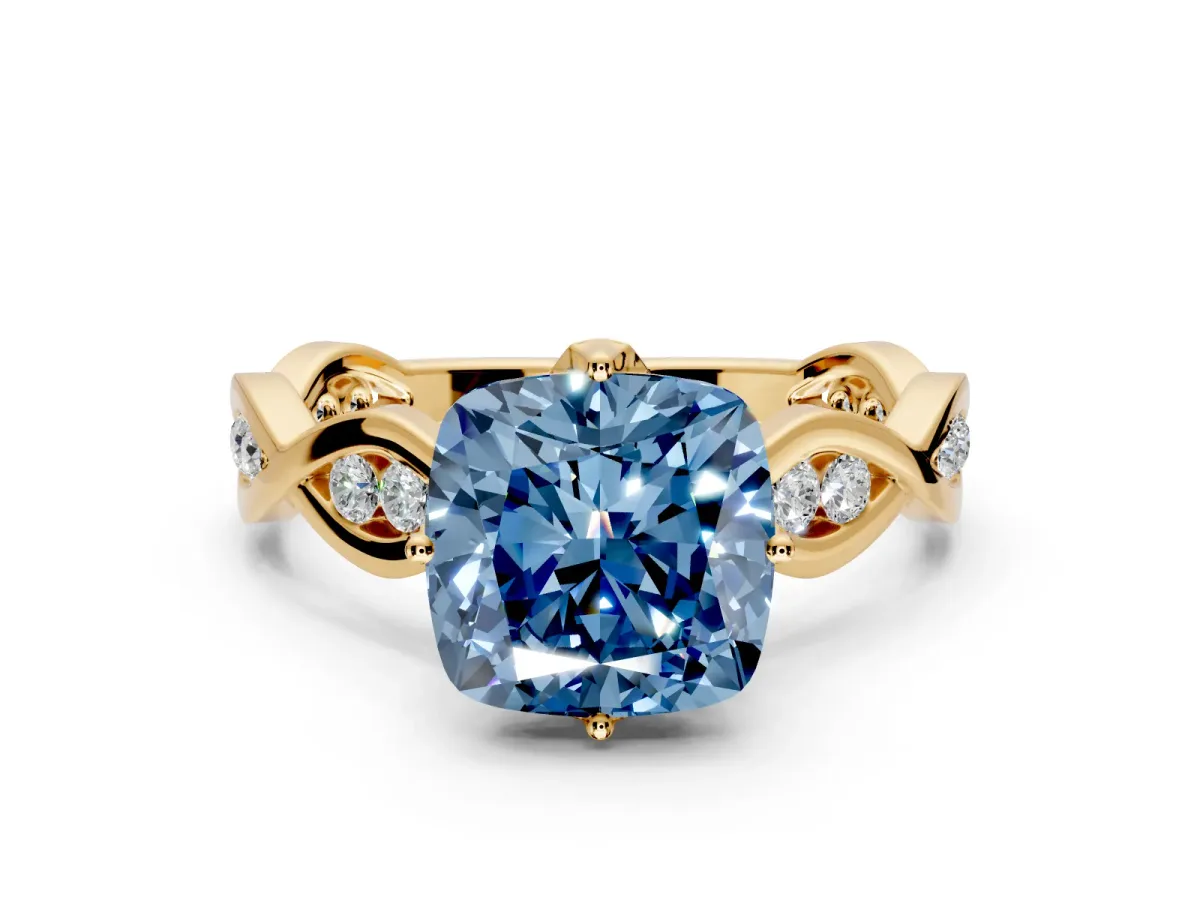 Solitaire Engagement Ring Setting for Fancy Blue Cushion Cut Center with Accented Twist Band and Leaf Prong Head in Yellow Gold