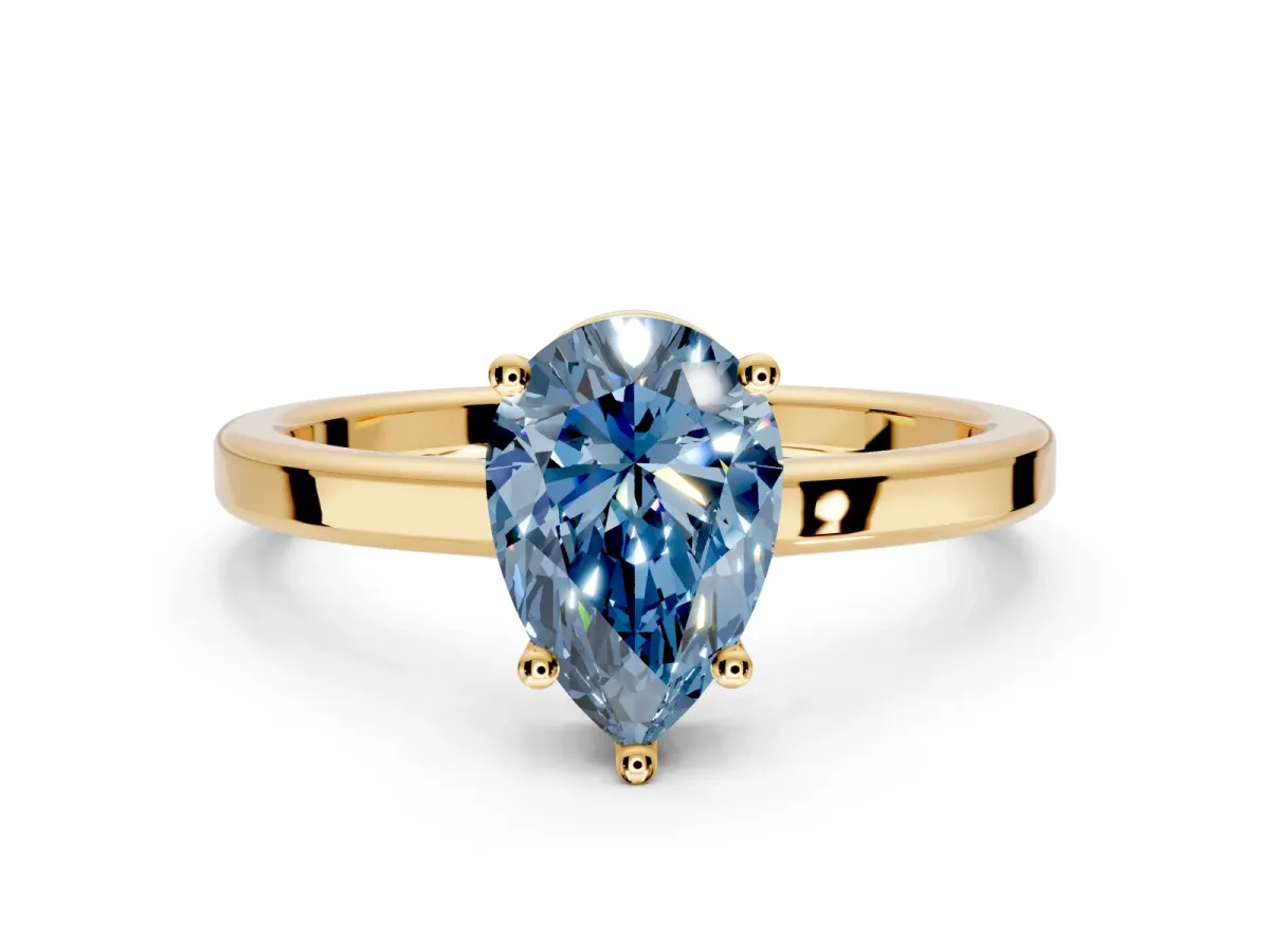 Hidden Halo Engagement Ring Setting for Fancy Blue Pear-Shaped Center with Wide Flat Plain Band and Prong Head in Yellow Gold