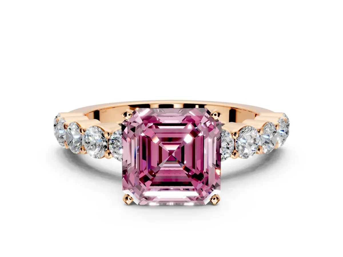 Shared-Prong Engagement Ring Setting for Fancy Pink Asscher Cut Center with Graduated Accents and Prong Head in Rose Gold