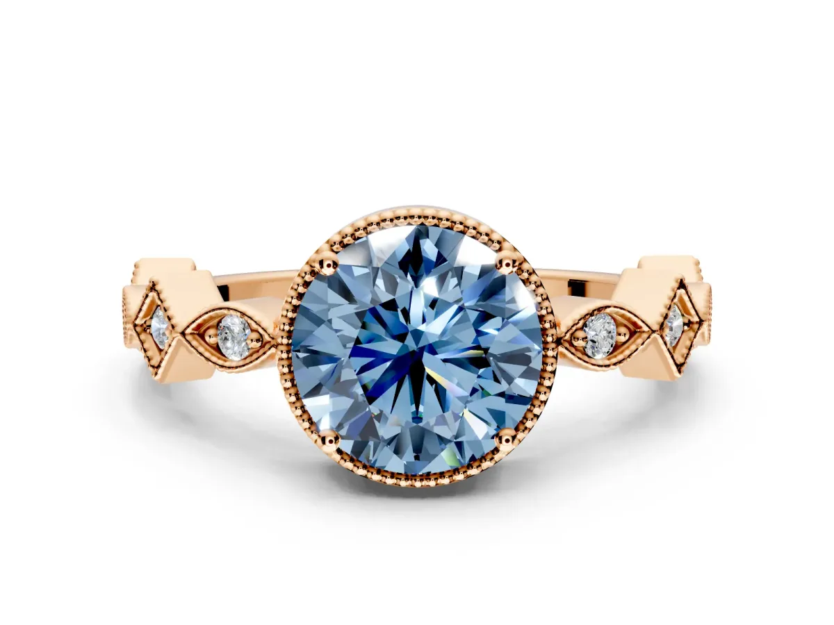 Milgrain Bezel Engagement Ring Setting for Fancy Blue Round Cut Center with Marquise Stations and Bezel Head in Rose Gold