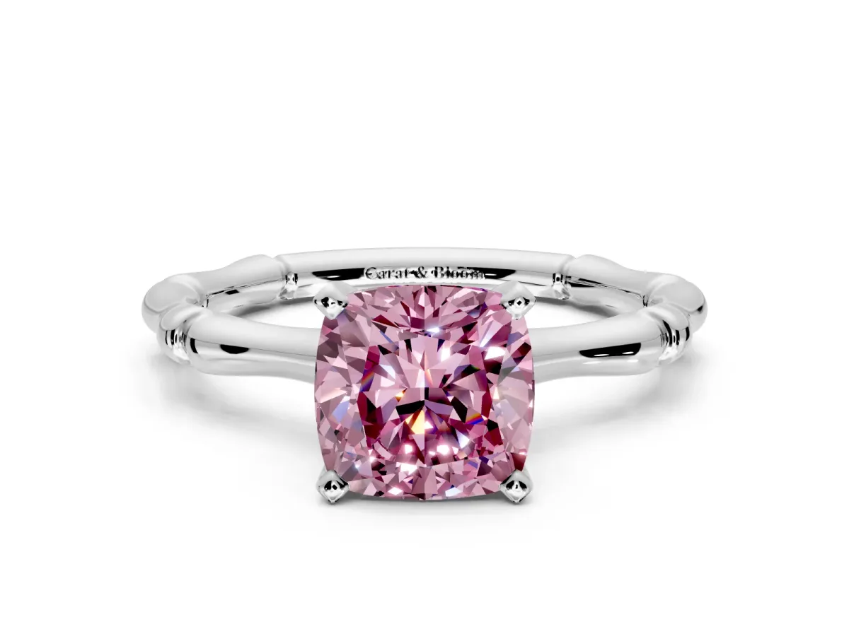 Solitaire Engagement Ring Setting for Fancy Pink Cushion Cut Center with Bamboo Band and Prong Head in Sterling Silver
