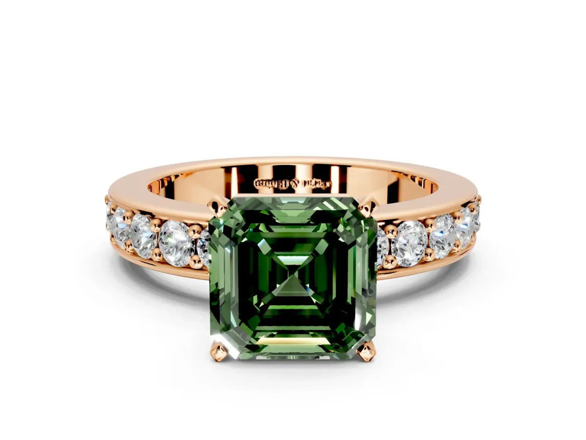 Solitaire Engagement Ring Setting for Fancy Green Asscher Cut Center with Channel-Set Accents and Prong Head in Rose Gold