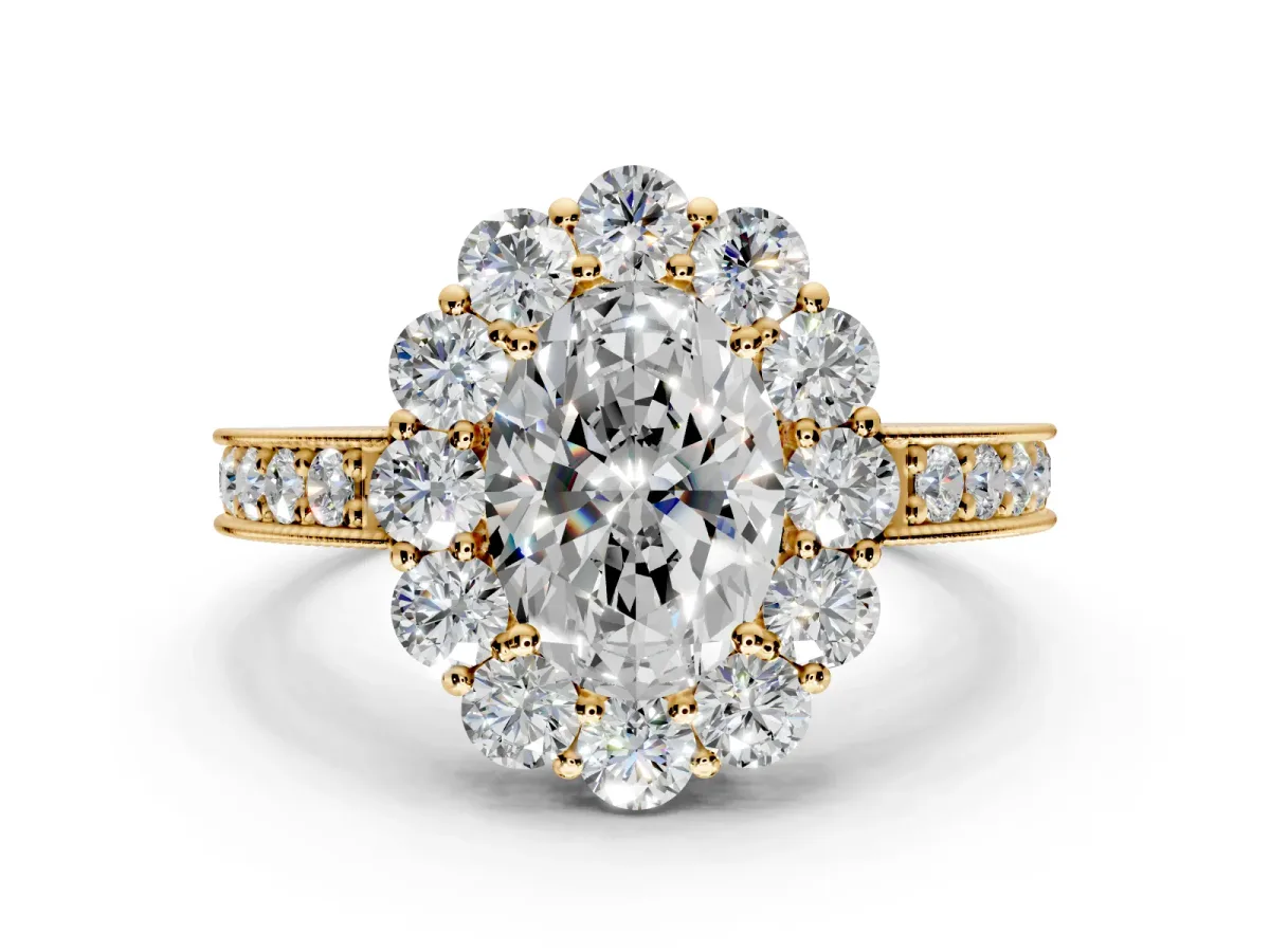 Halo Engagement Ring Setting for Oval Center with Milgrain Channel Band and Prong Head in Yellow Gold