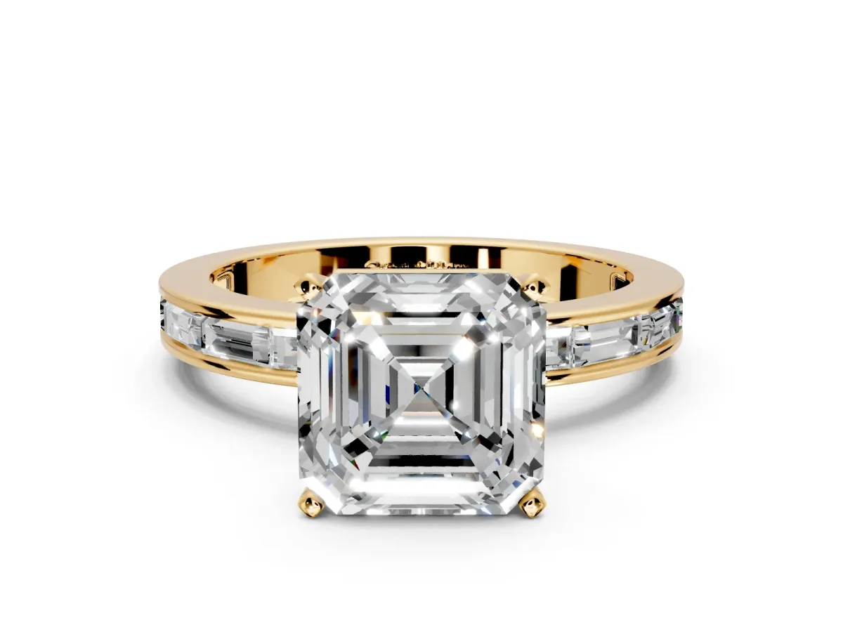 Solitaire Engagement Ring Setting for Asscher Cut Center with Channel Baguette Band and Prong Head in Yellow Gold