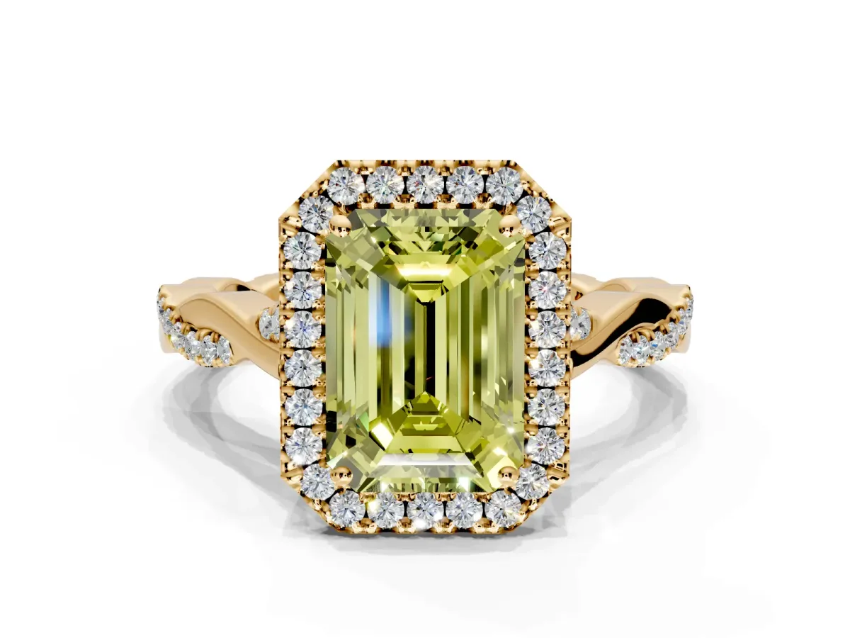 Halo Engagement Ring Setting for Fancy Yellow Emerald Cut Center with Twist Band and Prong Head in Yellow Gold
