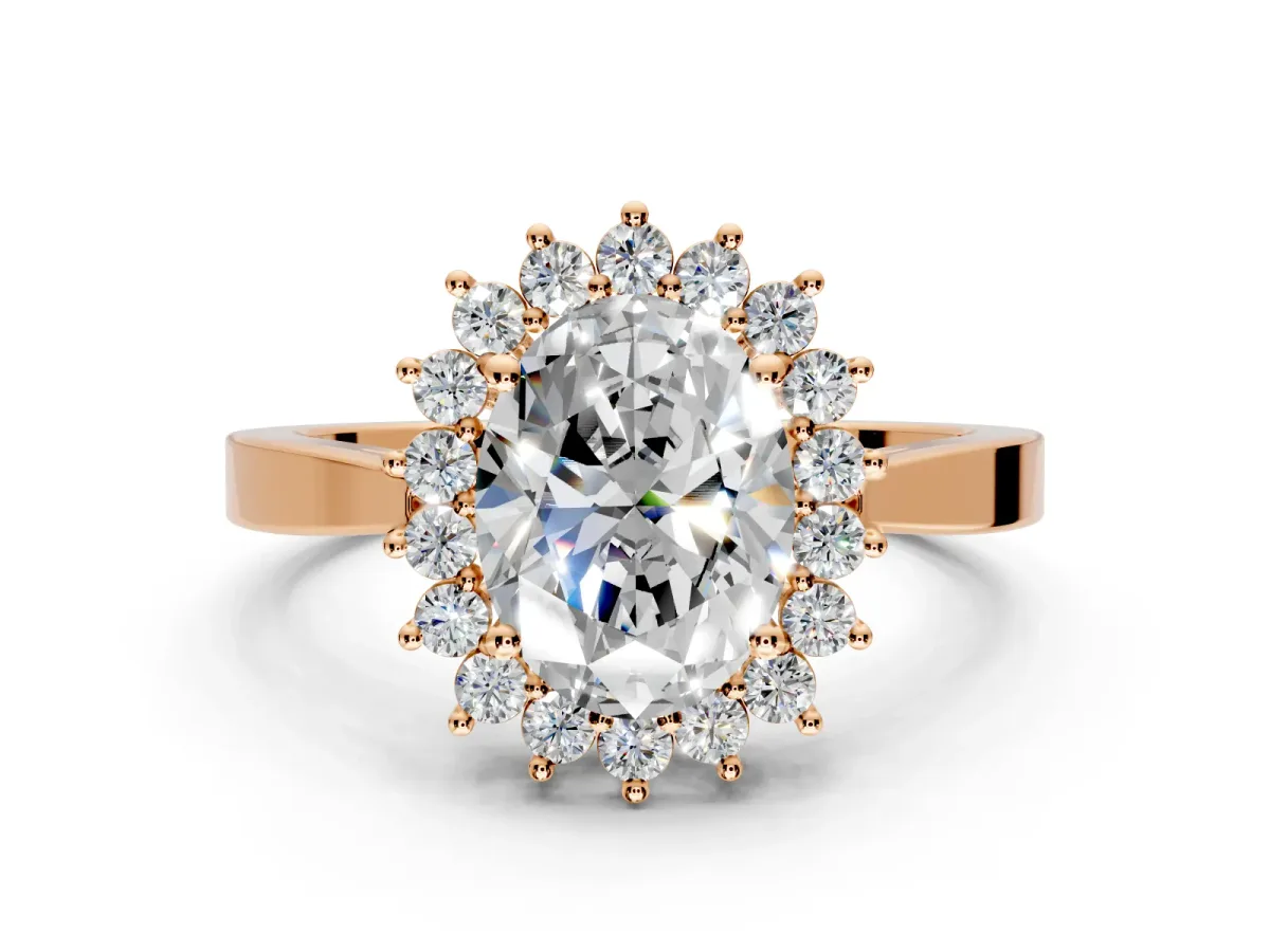 Starburst Halo Engagement Ring Setting for Oval Center with Flat Cathedral Band and Prong Head in Rose Gold