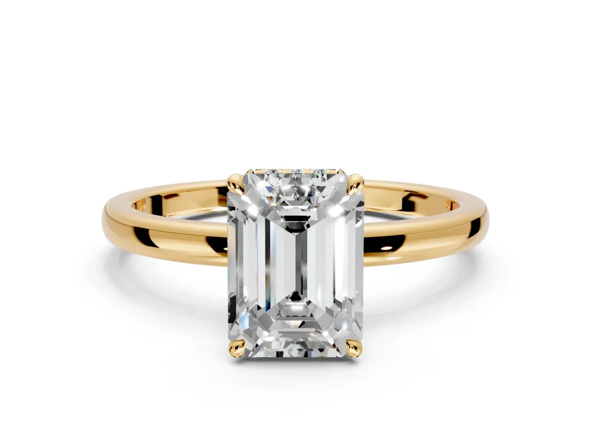 Hidden Halo Engagement Ring Setting for Emerald Cut Center with Plain Band and Tall Prong Head in Yellow Gold