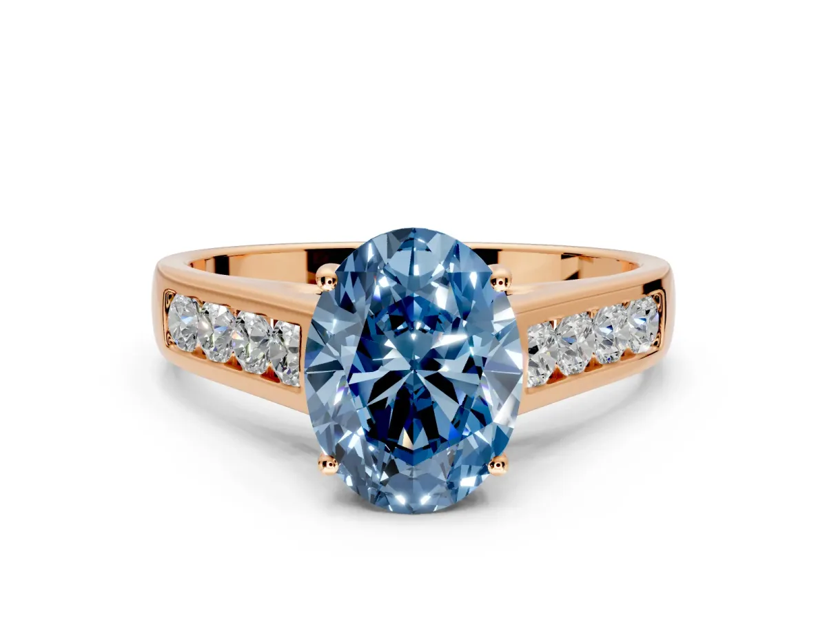 Solitaire Engagement Ring Setting for Fancy Blue Oval Center with Cathedral Channel Band and Prong Head in Rose Gold