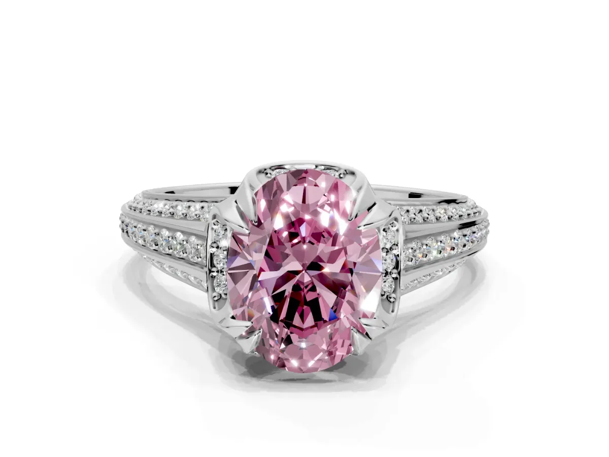 Solitaire Engagement Ring Setting for Fancy Pink Oval Center with Accented Split Shank and Prong Head in Platinum
