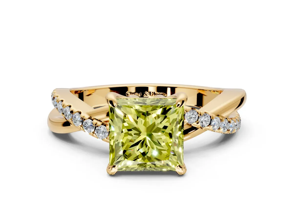 Solitaire Engagement Ring Setting for Fancy Yellow Princess Cut Center with Half-Pave Crossover Band and Prong Head in Yellow Gold