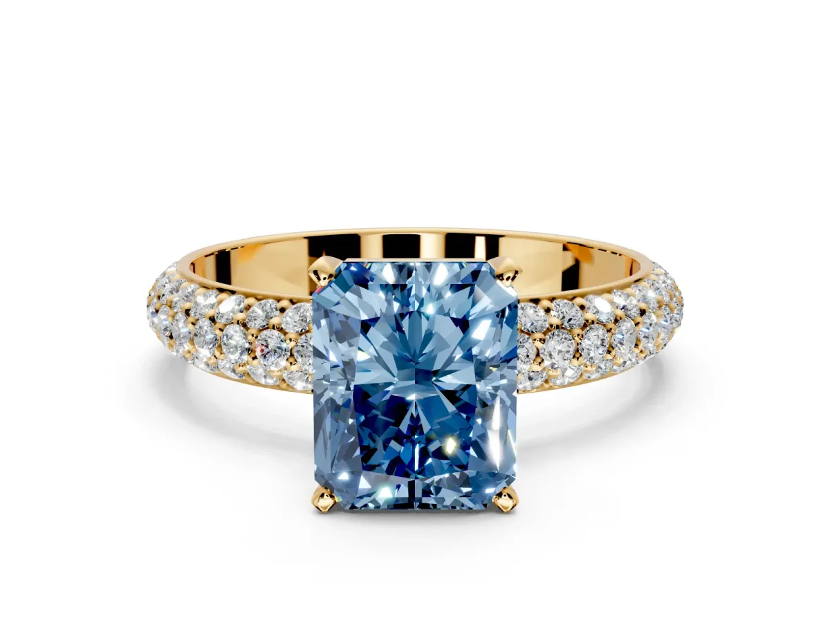 Solitaire Engagement Ring Setting for Fancy Blue Radiant Cut Center with Domed Multi-Row Pave Band and Prong Head in Yellow Gold