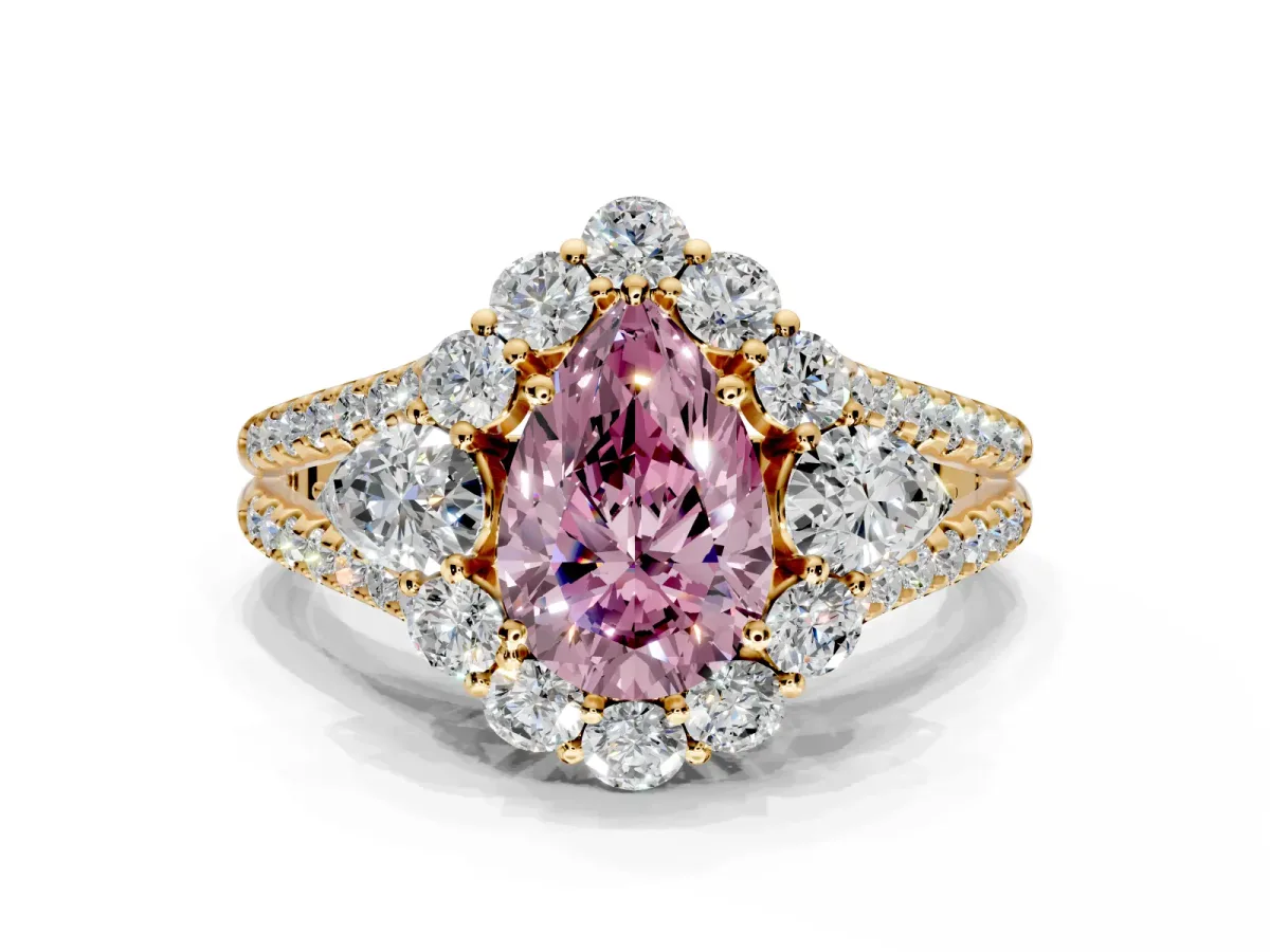 Halo Engagement Ring Setting for Fancy Pink Pear-Shaped Center with Two-Strand Split Shank and Prong Head in Yellow Gold