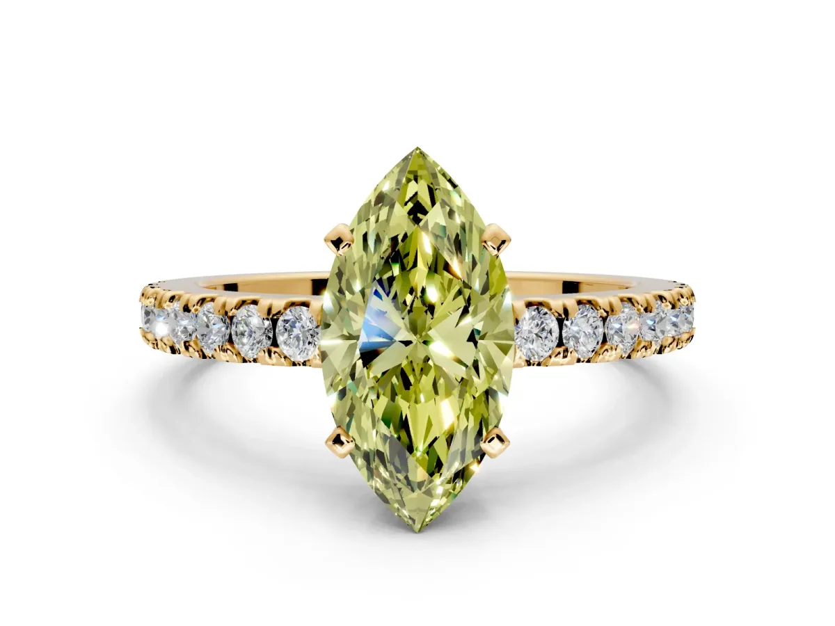 Solitaire Engagement Ring Setting for Fancy Yellow Marquise Center with Single Row Accent Band and Prong Head in Yellow Gold