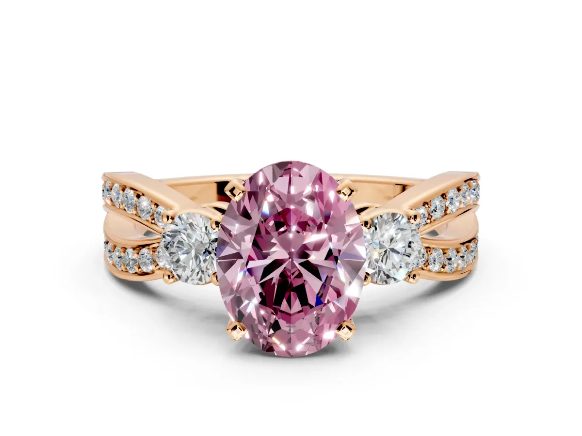 3 Stone Engagement Ring Setting for Fancy Pink Oval Center with Pave Twist Band and Prong Head in Rose Gold