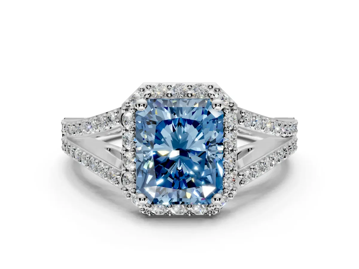 Halo Engagement Ring Setting for Fancy Blue Radiant Cut Center with Pave Split Shank and Prong Head in Sterling Silver