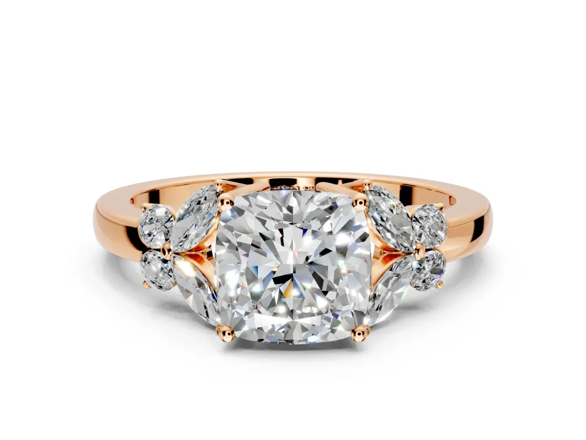 Solitaire Engagement Ring Setting for Cushion Cut Center with Marquise Flower Shoulders and Prong Head in Rose Gold