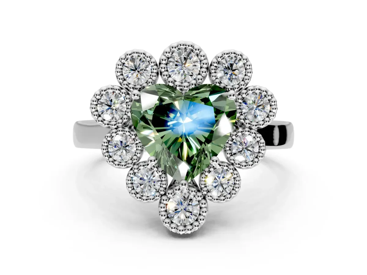 Cluster Halo Engagement Ring Setting for Fancy Green Heart-Shaped Center with Milgrain Bezel Accents and Prong Head in Sterling Silver